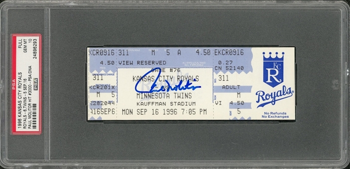 1996 Paul Molitor Signed Full Ticket From 3,000th Hit Game on 9/16/96 (PSA/DNA GEM MT 10)